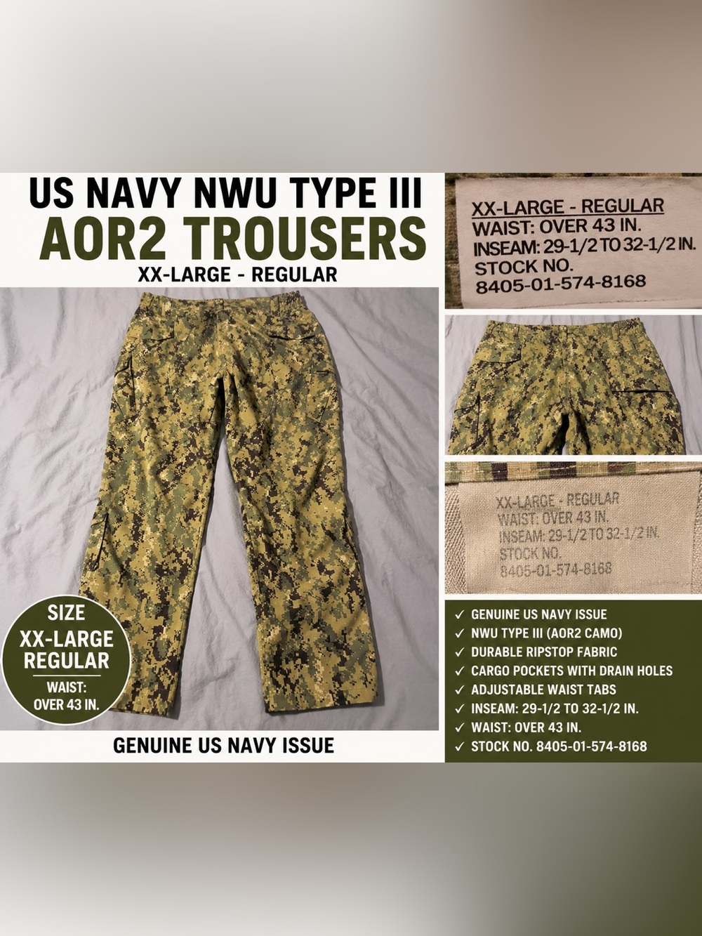US Navy NWU Type III AOR2 Digital Camo Trousers Pants XXL Regular Military